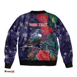 Tui Meri Kirihimete Personalised Bomber Jacket Pohutukawa Flowers Blue Motif LT9