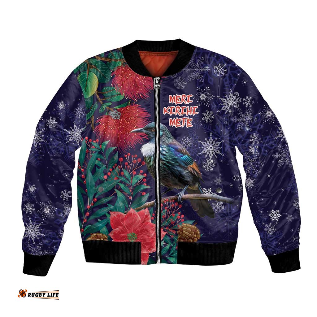 Tui Meri Kirihimete Personalised Bomber Jacket Pohutukawa Flowers Blue Motif LT9