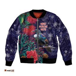 Tui Meri Kirihimete Personalised Bomber Jacket Pohutukawa Flowers Blue Motif LT9