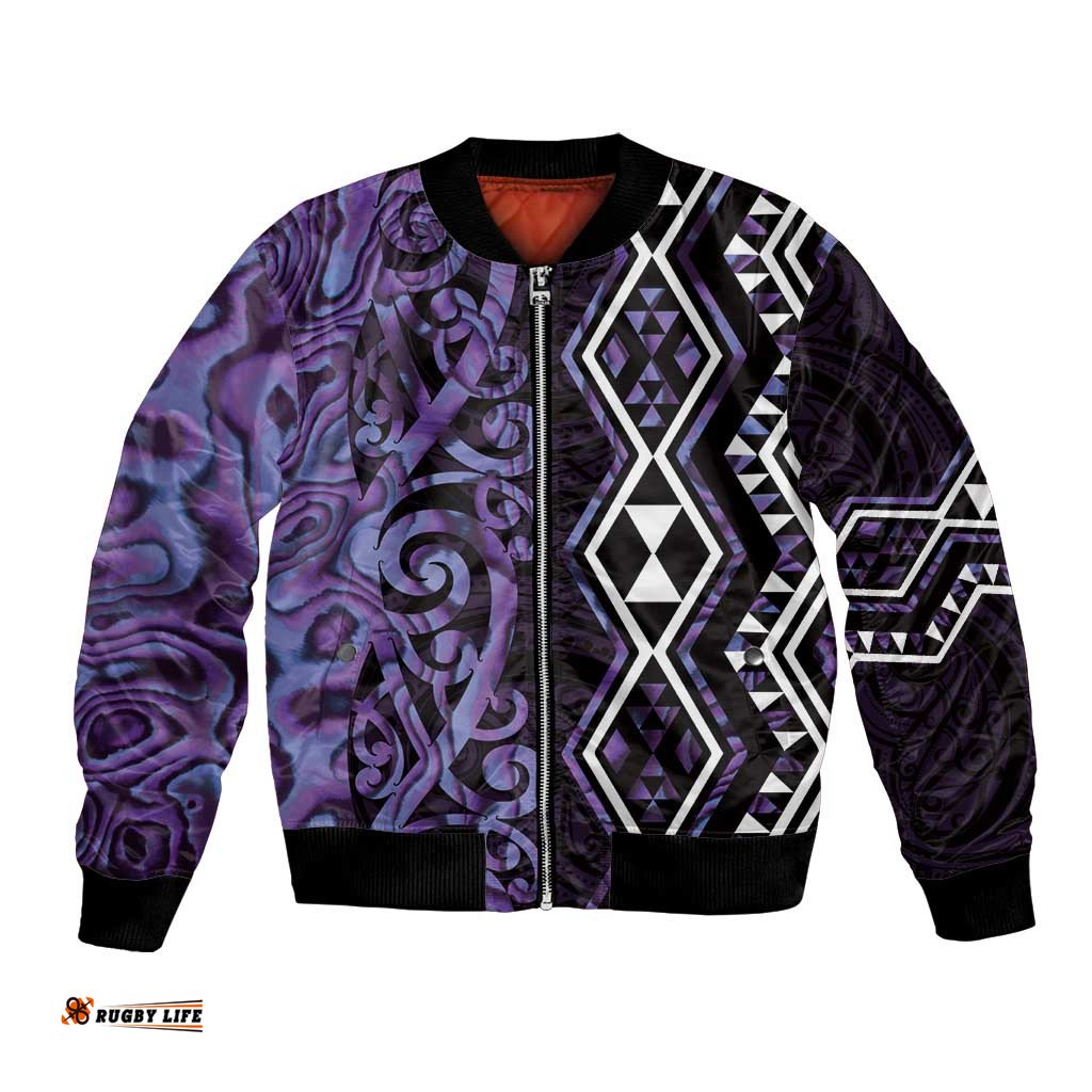 Purple Aotearoa Bomber Jacket Taniko Motifs With Paua Shell Kowhaiwhai LT14