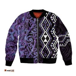 Purple Aotearoa Bomber Jacket Taniko Motifs With Paua Shell Kowhaiwhai LT14