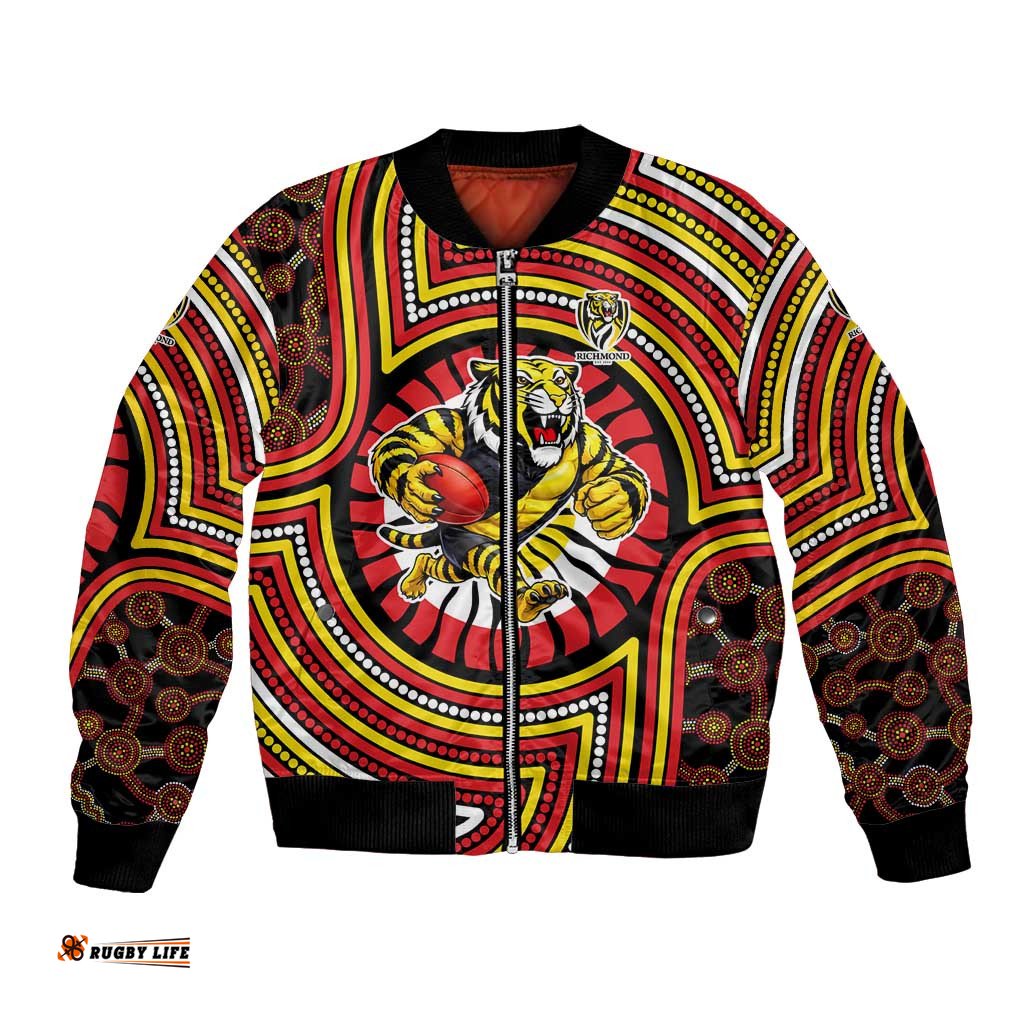 Richmond Football Club Bomber Jacket Indigenous Monochrome Dot Art Mascot Style TS04