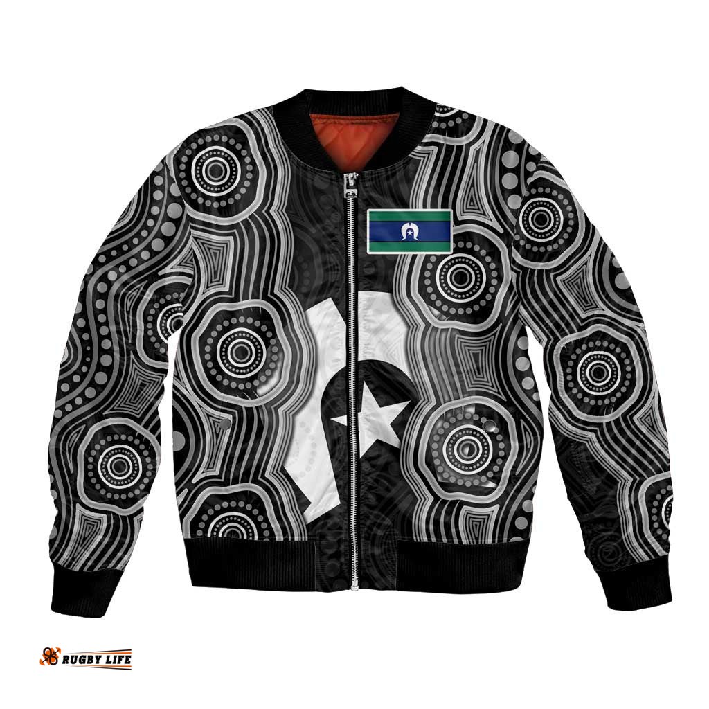 Torres Strait Islander Bomber Jacket Flag Feather Headdress Indigenous Dotwork Tribal Art TS04