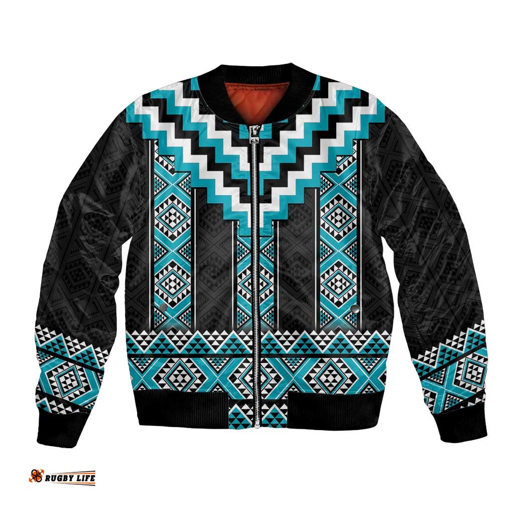 Turquoise Taniko Pattern Aotearoa Bomber Jacket Niho Taniwha Mix Poutama LT14