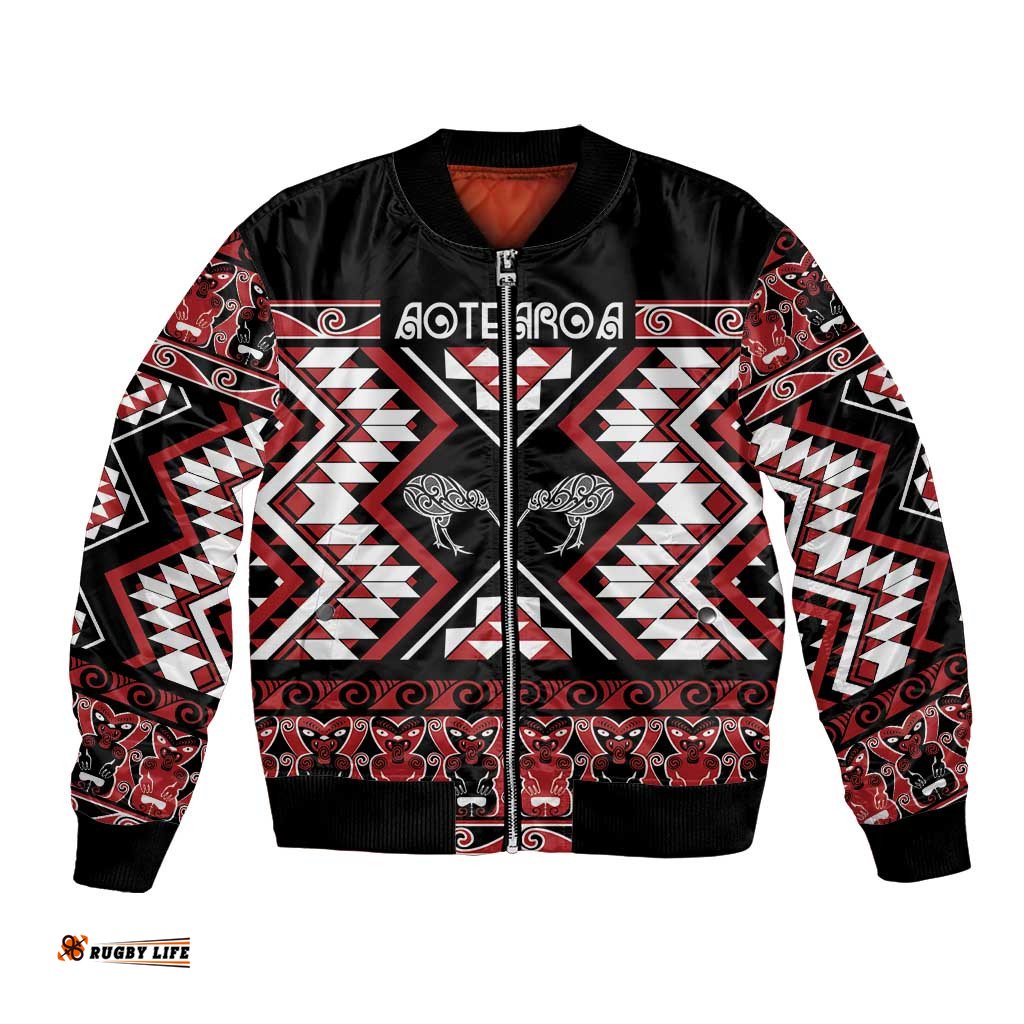 Personalised Taniko Motifs Aotearoa Bomber Jacket Waitangi Kowhaiwhai Kiwi LT7