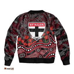 St Kilda Saints ANZAC Day Bomber Jacket Indigenous Dot Art with Poppy Flower Tribute TS04
