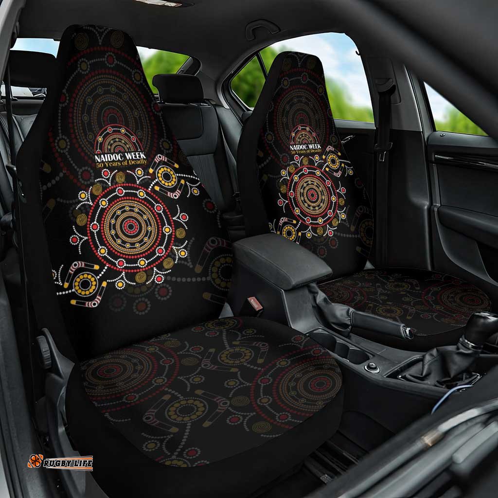 NAIDOC Deadly 50 Years Car Seat Cover Aboriginal Black Gold Boomerang Art LT9