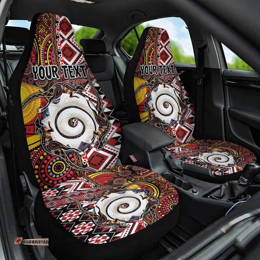 Personalised Aotearoa and Australia Together Car Seat Cover Koru and Kangaroo - Taniko with Aboriginal Motif LT03