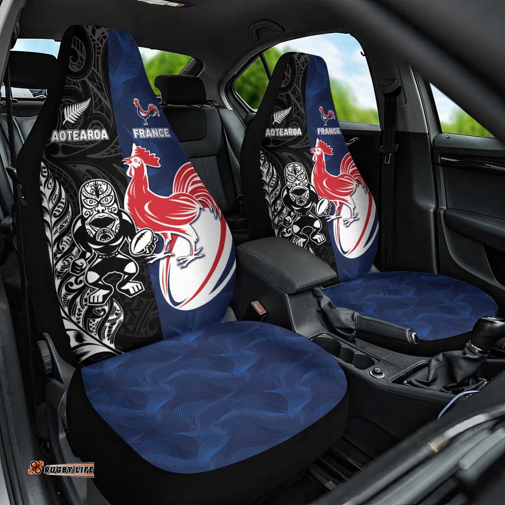 France And New Zealand Rugby Car Seat Cover Les Bleus Rooster With Maori Tiki LT05