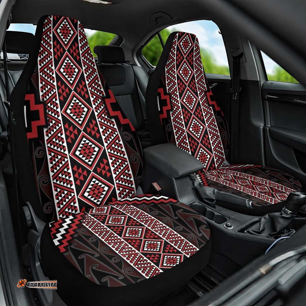 Red Tukutuku Pattern Aotearoa Car Seat Cover Niho Taniwha and Puhoro Motifs LT7