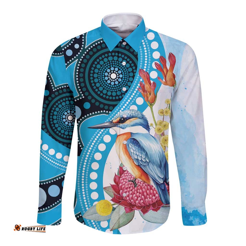 Australia Azure Kingfisher Long Sleeve Button Shirt Australian Native Flowers Indigenous Art LT14