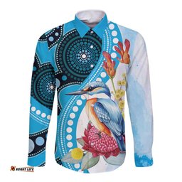 Australia Azure Kingfisher Long Sleeve Button Shirt Australian Native Flowers Indigenous Art LT14