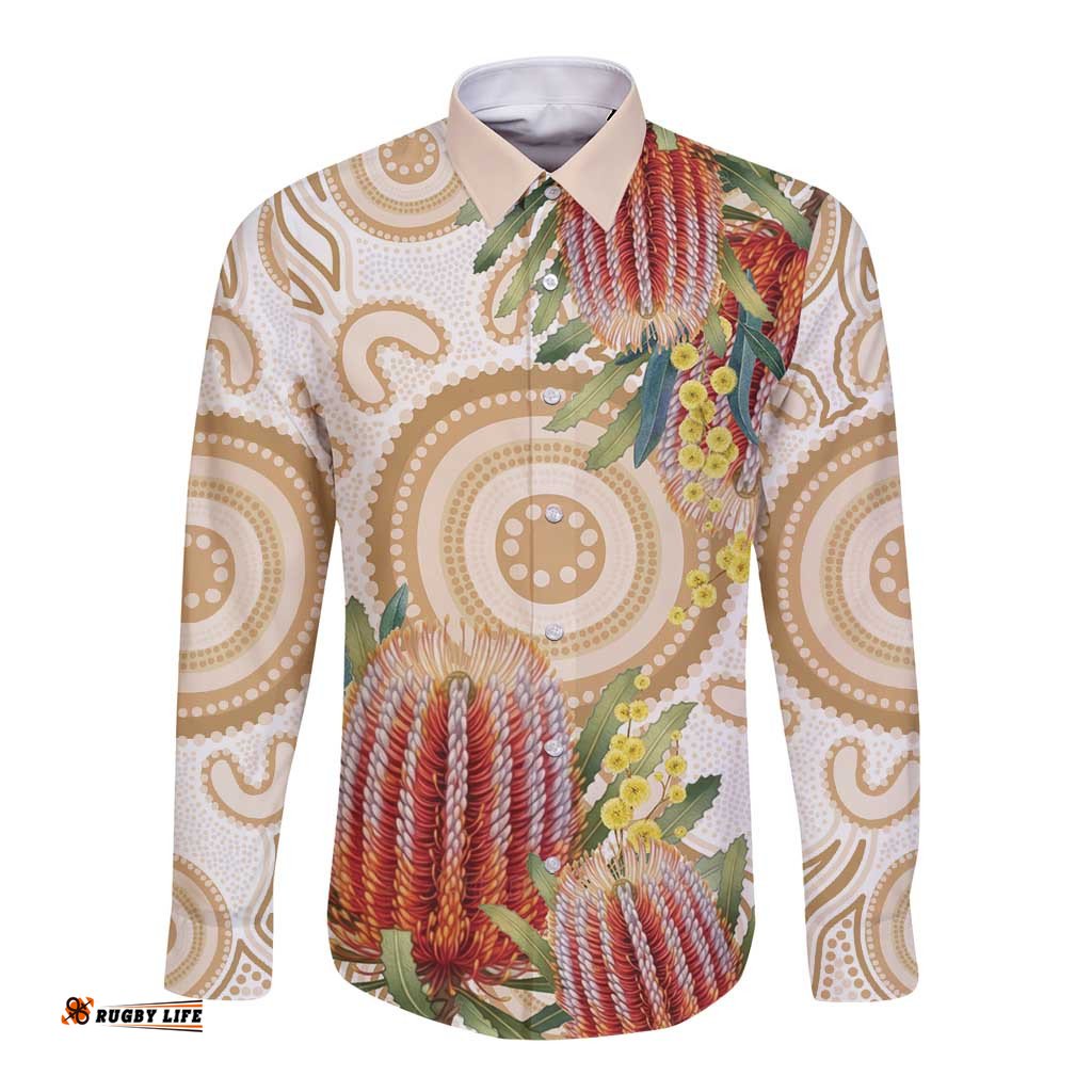 Australia Banksia Long Sleeve Button Shirt Aussie Native Flowers Indigenous Art LT14
