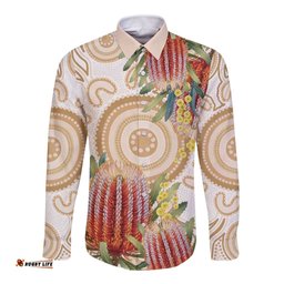 Australia Banksia Long Sleeve Button Shirt Aussie Native Flowers Indigenous Art LT14