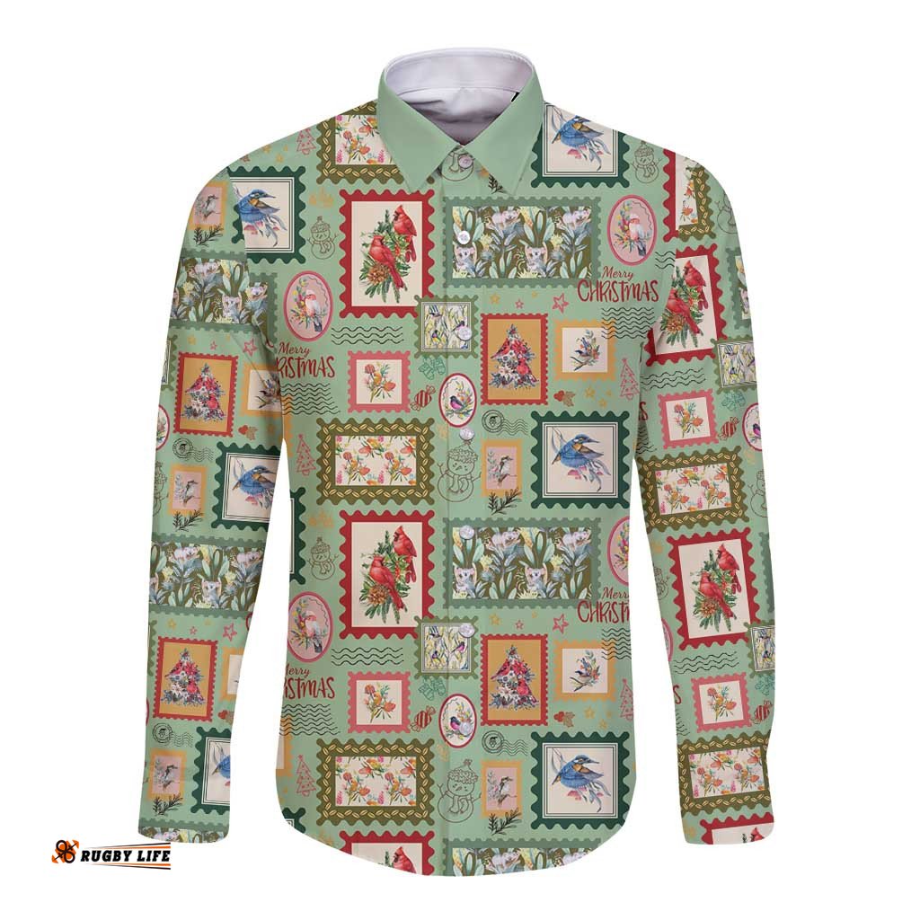 Aussie Birds Christmas La La Land Long Sleeve Button Shirt Green Vintage Stamp Edition LT9