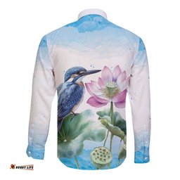 Australia Azure Kingfisher Long Sleeve Button Shirt Ceyx Azureus Sacred Lotus Watercolor LT14