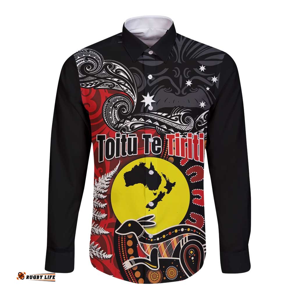 Aotearoa and Australia Toitu Te Tiriti Long Sleeve Button Shirt Honour the Treaty - Te Tiriti Is Us LT03