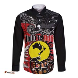 Aotearoa and Australia Toitu Te Tiriti Long Sleeve Button Shirt Honour the Treaty - Te Tiriti Is Us LT03