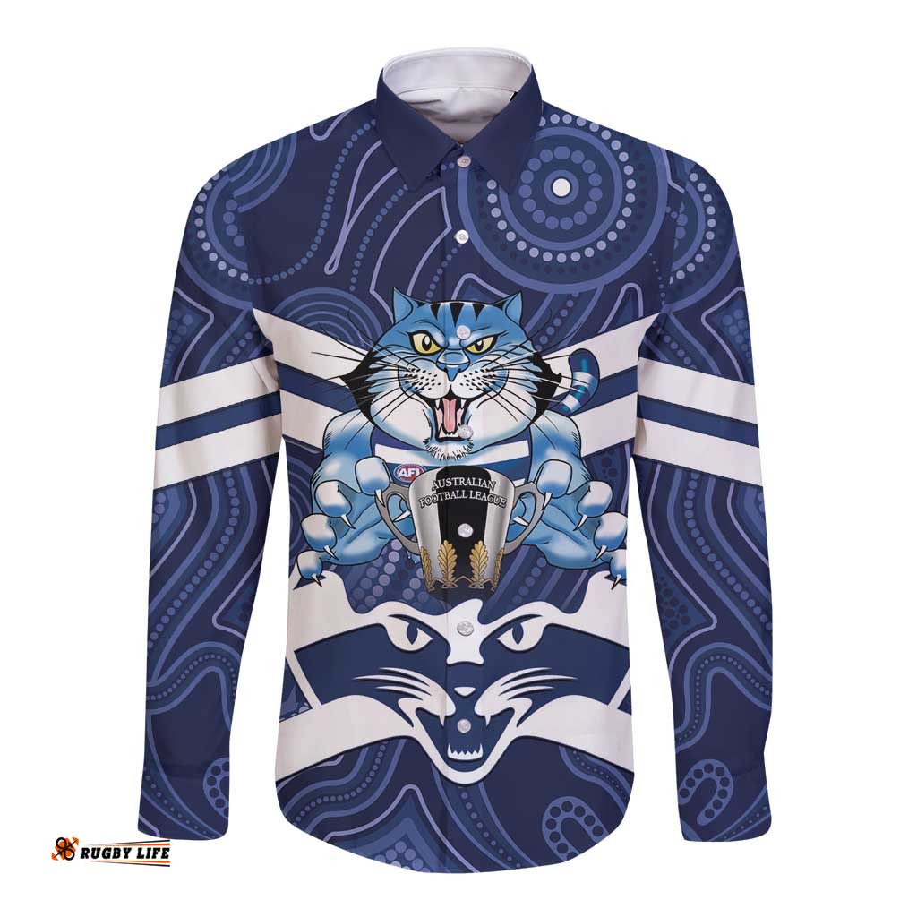 AFL Cats Football Personalised Long Sleeve Button Shirt Final Geelong Premiers Trophy Aboriginal LT14