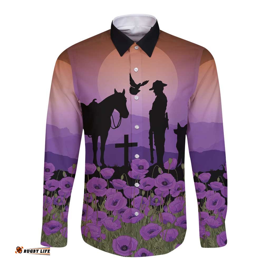 Australia ANZAC Animal Heroes Long Sleeve Button Shirt Purple Poppies LT7