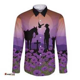 Australia ANZAC Animal Heroes Long Sleeve Button Shirt Purple Poppies LT7