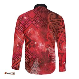 Aotearoa Taniko Matariki Long Sleeve Button Shirt Cosmic Red LT7