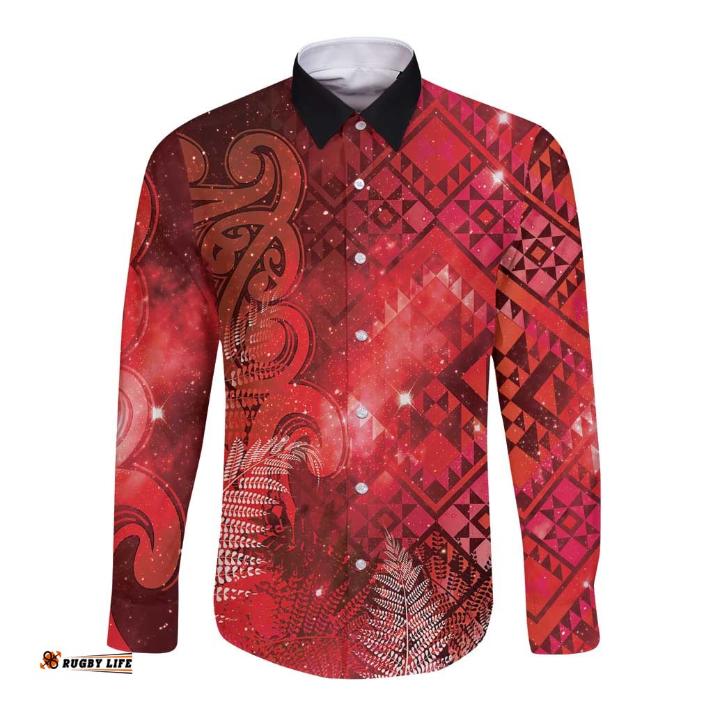 Aotearoa Taniko Matariki Long Sleeve Button Shirt Cosmic Red LT7