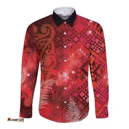 Aotearoa Taniko Matariki Long Sleeve Button Shirt Cosmic Red LT7