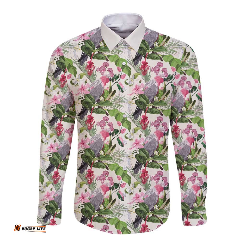 Aussie Pink Cockatoo Flowers Seamless Pattern Long Sleeve Button Shirt LT9