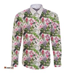 Aussie Pink Cockatoo Flowers Seamless Pattern Long Sleeve Button Shirt LT9