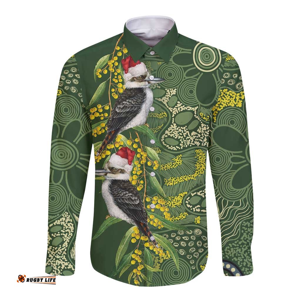 Aussie Kokaburra Golden Wattle Christmas Long Sleeve Button Shirt Aboriginal Dots Painting Green Motif LT9