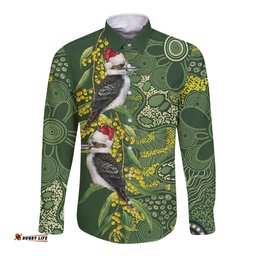 Aussie Kokaburra Golden Wattle Christmas Long Sleeve Button Shirt Aboriginal Dots Painting Green Motif LT9