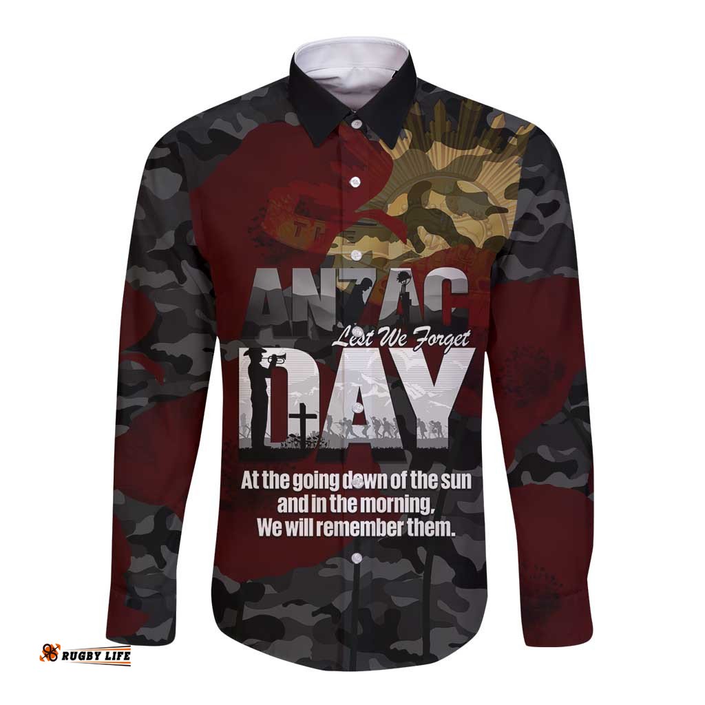 Australia ANZAC Day Long Sleeve Button Shirt We Will Remember Them Poppy Camouflage LT14