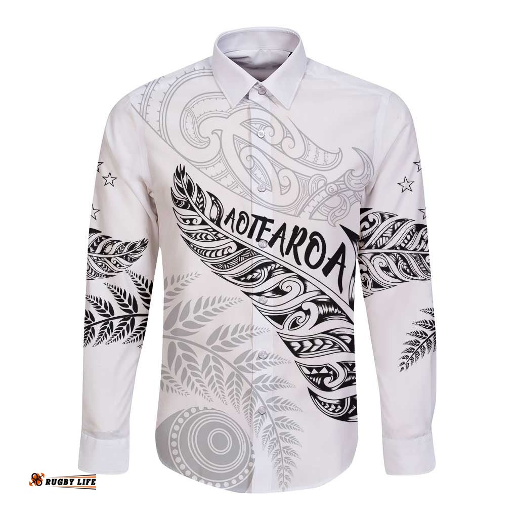 Aotearoa Personalized Lawn Bowls Maori Long Sleeve Button Shirt New Zealand White Tribal Silver Fern LT7