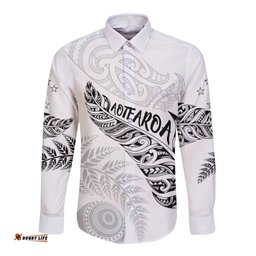 Aotearoa Personalized Lawn Bowls Maori Long Sleeve Button Shirt New Zealand White Tribal Silver Fern LT7