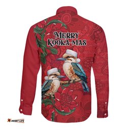 Aussie Kokaburra Waratah Christmas Long Sleeve Button Shirt Aboriginal Dots Painting LT9