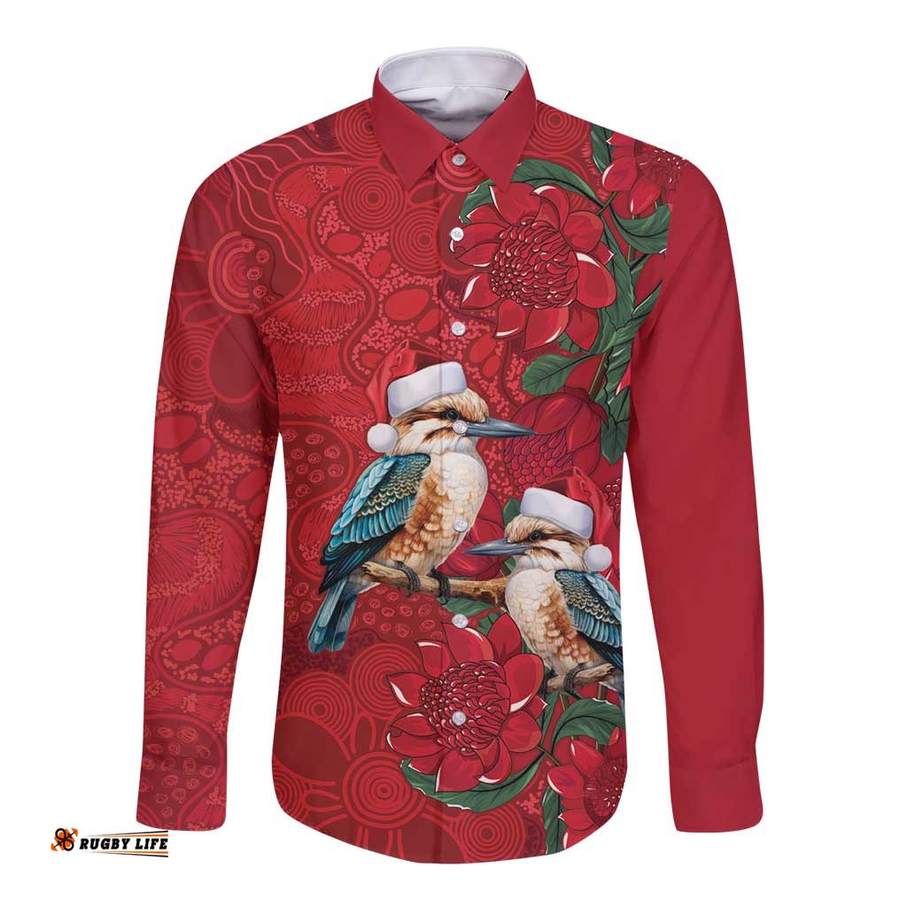 Aussie Kokaburra Waratah Christmas Long Sleeve Button Shirt Aboriginal Dots Painting LT9