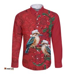 Aussie Kokaburra Waratah Christmas Long Sleeve Button Shirt Aboriginal Dots Painting LT9