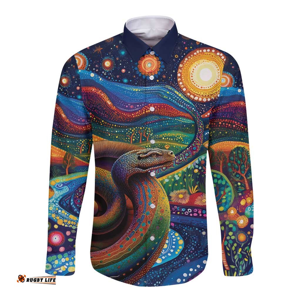 Aboriginal Dreamtime Rainbow Serpent Long Sleeve Button Shirt LT9