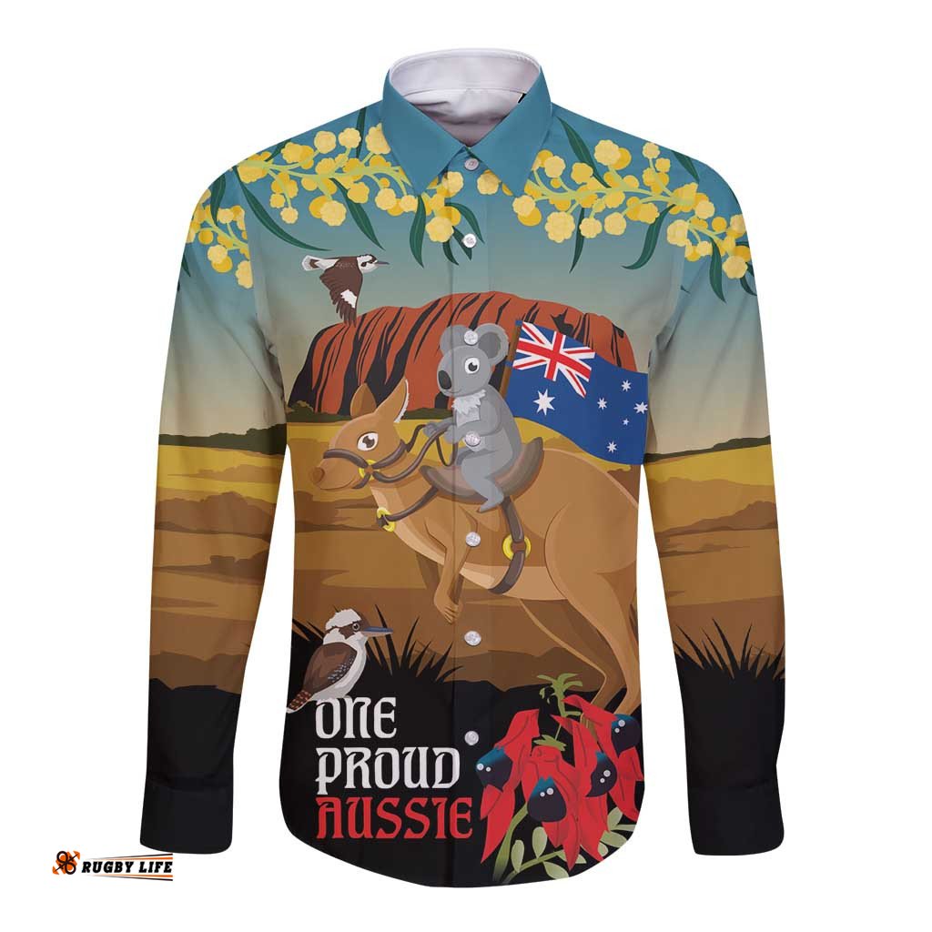 26 January One Proud Aussie Long Sleeve Button Shirt Kangaroo and Koala Happy Australia Day LT9