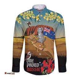 26 January One Proud Aussie Long Sleeve Button Shirt Kangaroo and Koala Happy Australia Day LT9