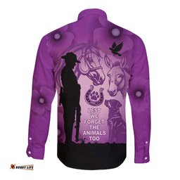 Australia Animals ANZAC Day Long Sleeve Button Shirt Lest We Forget The Animals Too Purple Poppy LT14