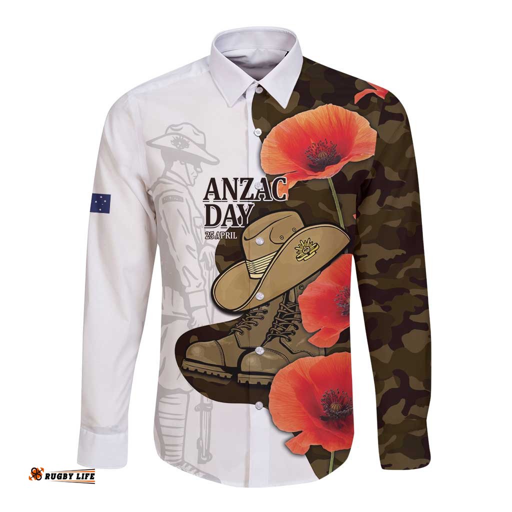 Australia ANZAC Day Long Sleeve Button Shirt Boots And Slouch Hat Lest We Forget LT14