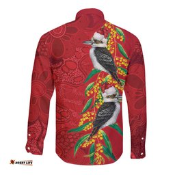 Aussie Kokaburra Golden Wattle Christmas Long Sleeve Button Shirt Aboriginal Dots Painting Red Motif LT9