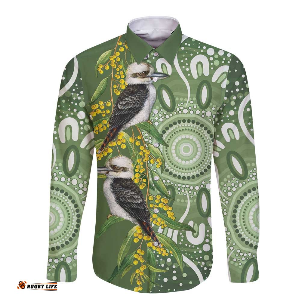 Aussie Kokaburra Golden Wattle Long Sleeve Button Shirt Aboriginal with National Color LT9