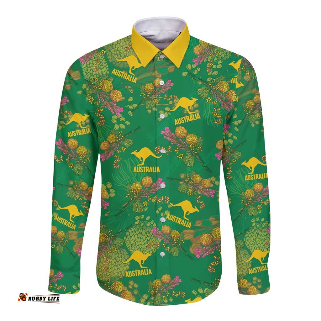 Australia Billy Buttons Long Sleeve Button Shirt Aussie Pycnosorus Kangaroo Seamless Style LT14