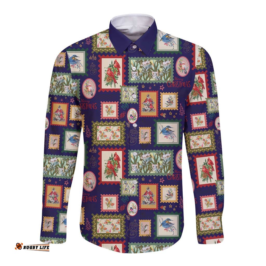 Aussie Birds Christmas La La Land Long Sleeve Button Shirt Navy Blue Vintage Stamp Edition LT9