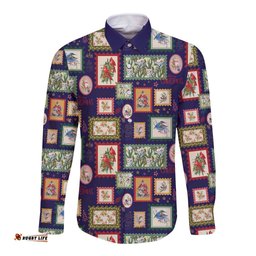 Aussie Birds Christmas La La Land Long Sleeve Button Shirt Navy Blue Vintage Stamp Edition LT9
