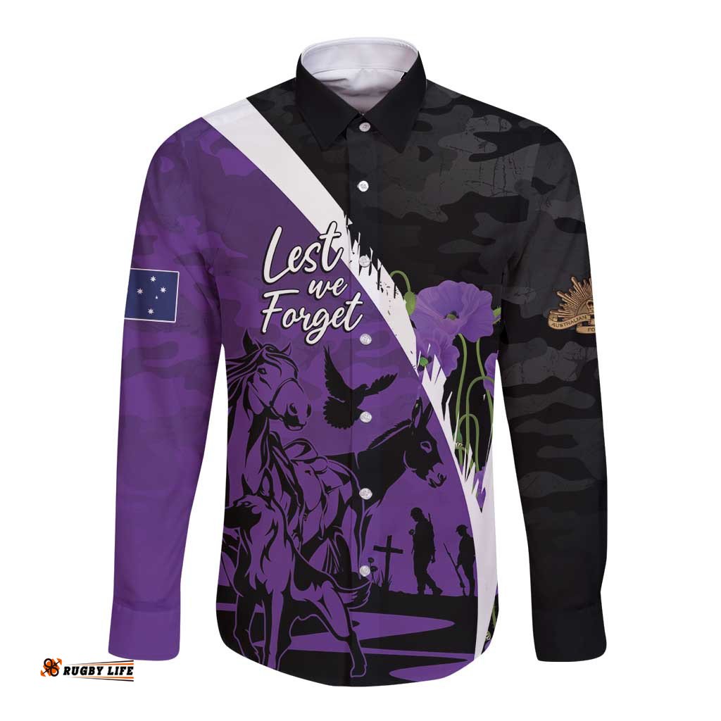 Australia ANZAC Day Long Sleeve Button Shirt Animals of War - Lest We Forget LT7
