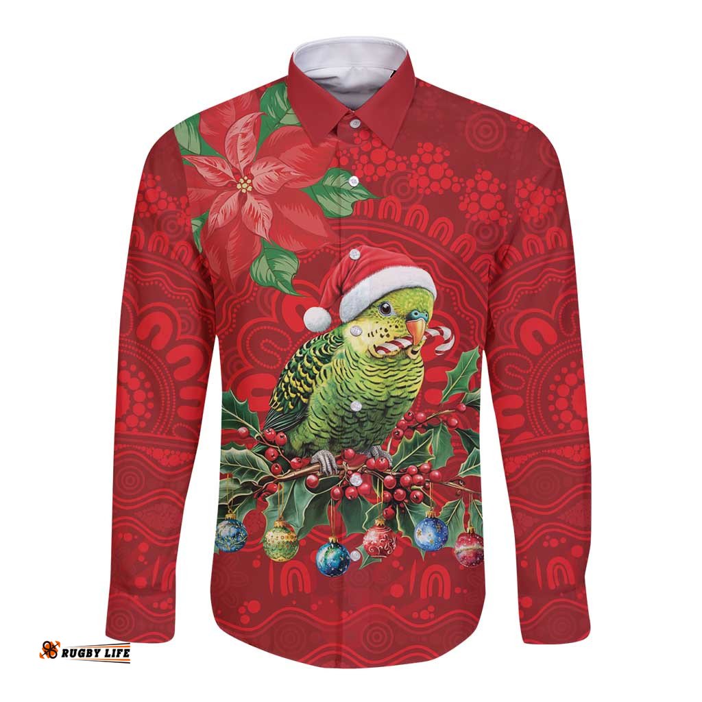 Aussie Green Budgerigar Long Sleeve Button Shirt Aboriginal Inspired Christmas LT9